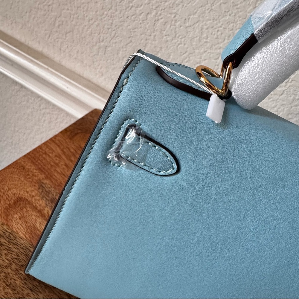 LEATHER INSIDE & OUT | Aqua Sky Mini 22 Sellier Belted KL Top Handle w/ Gold S17 - Picture 7 of 14
